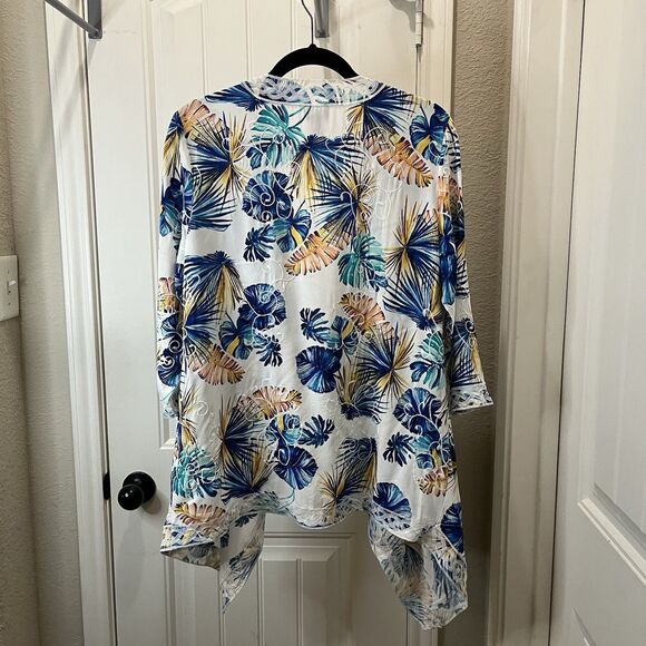 Chicos Size 1 Floral Tropical Palm Leaf Open Front Waterfall Cardigan Kimono M - Picture 8 of 11
